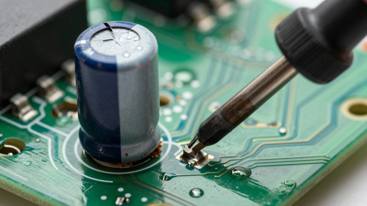 Replacing a leaking capacitor on a vintage circuit board with a soldering iron