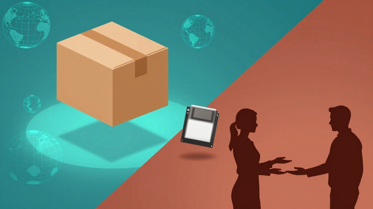 Split concept art showing global shipping versus local exchange hands