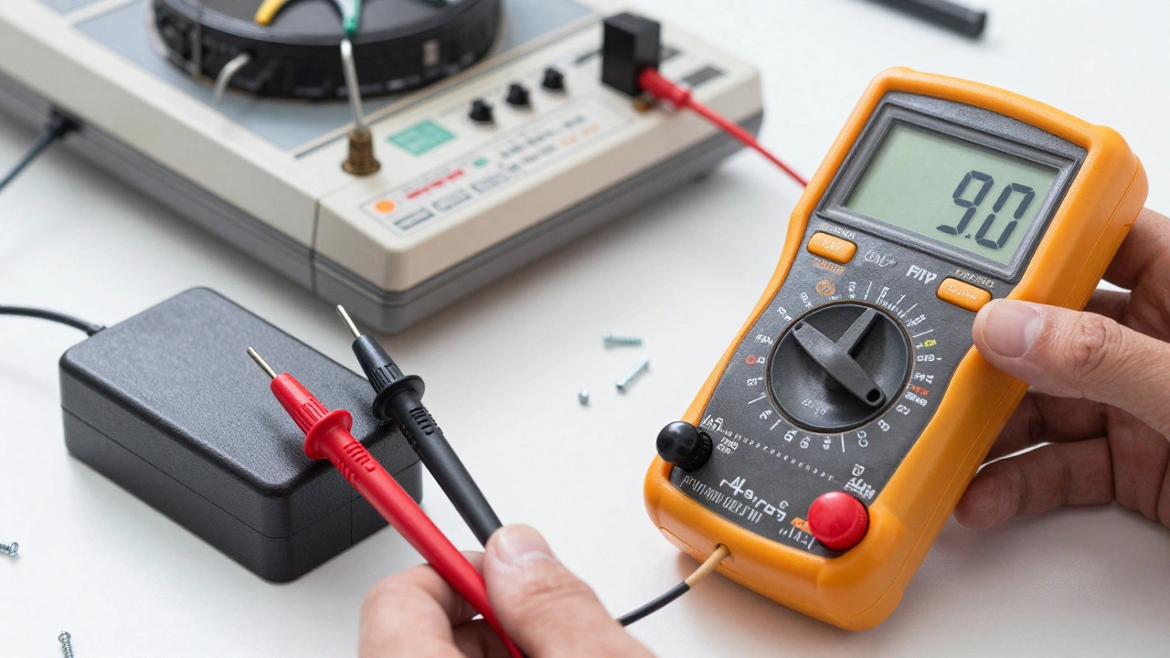 Using a digital multimeter to test the voltage of a retro game console power adapter