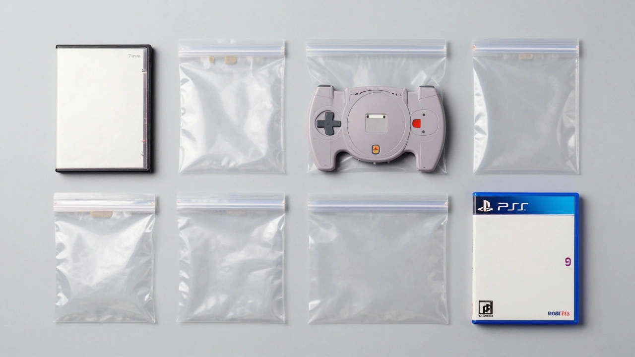 Various video game cases in different sized professional poly bags on a grey background