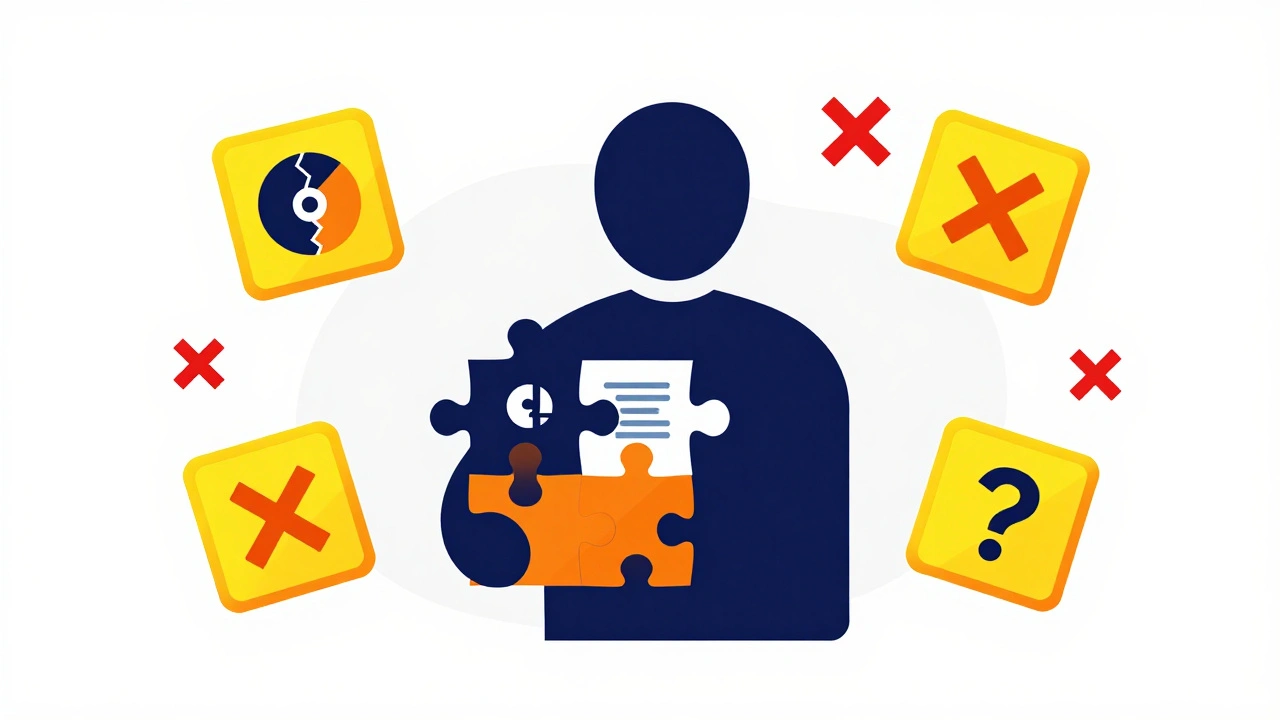 Abstract illustration of a scammer silhouette made of warning symbols and red flags