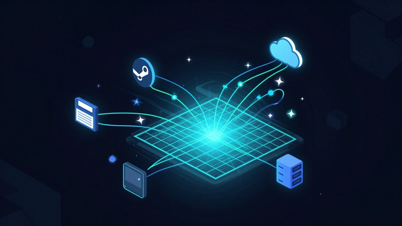 Abstract illustration of data connecting game stores to a spreadsheet