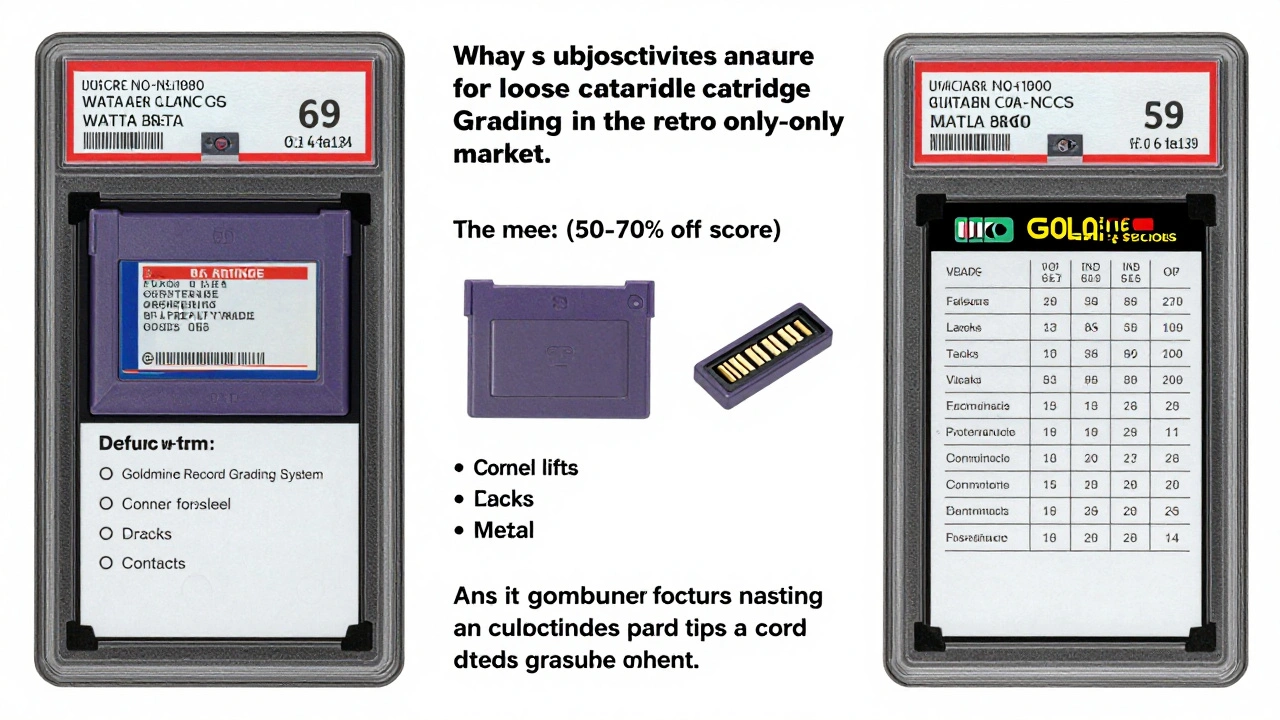 An informative diagram explaining the nuances of loose cartridge grading in the retro gaming community. The visual breaks down the three primary components affecting value: the front label, the ABS plastic shell, and the edge connector contacts. Each section includes examples of common flaws, such as label writing, shell discoloration, and contact corrosion. A prominent chart compares informal grading systems derived from trading cards and vinyl records, listing grade terms from 'Gem Mint' to 'Poor' with corresponding numeric scores and detailed condition requirements for each component. The design incorporates icons representing inspection tools like lights and magnifiers, emphasizing the importance of thorough documentation and functional testing for accurate grading.