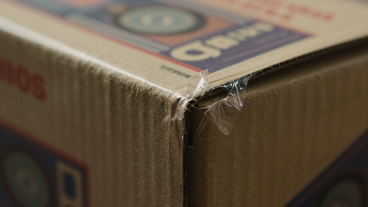 Close-up macro shot of vintage shrink wrap texture on a retro game box corner