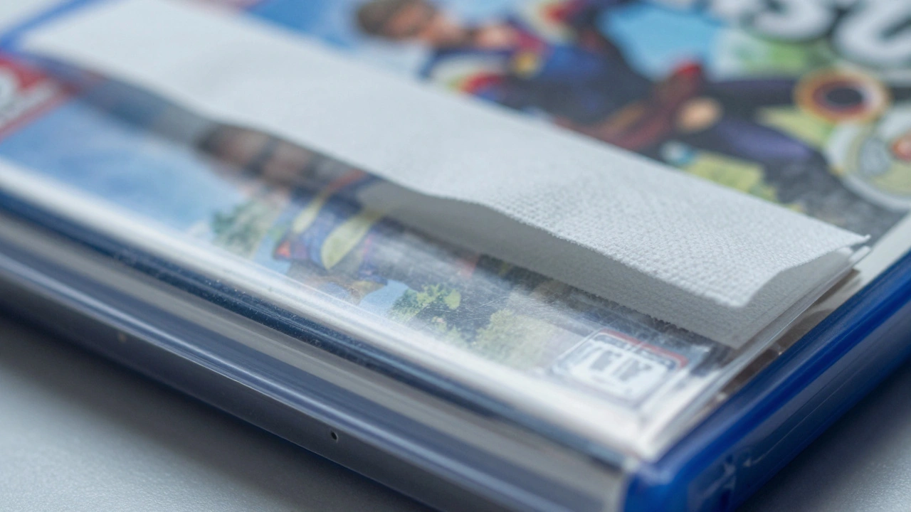 Close-up of a game box inside a clear PET sleeve with acid-free tissue paper padding.