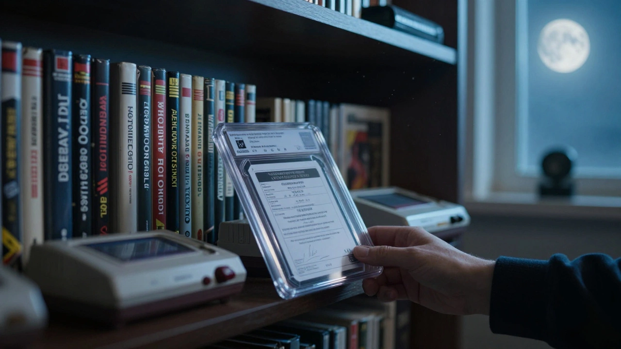 Collector's hand holding graded game case on shelf under soft moonlight.