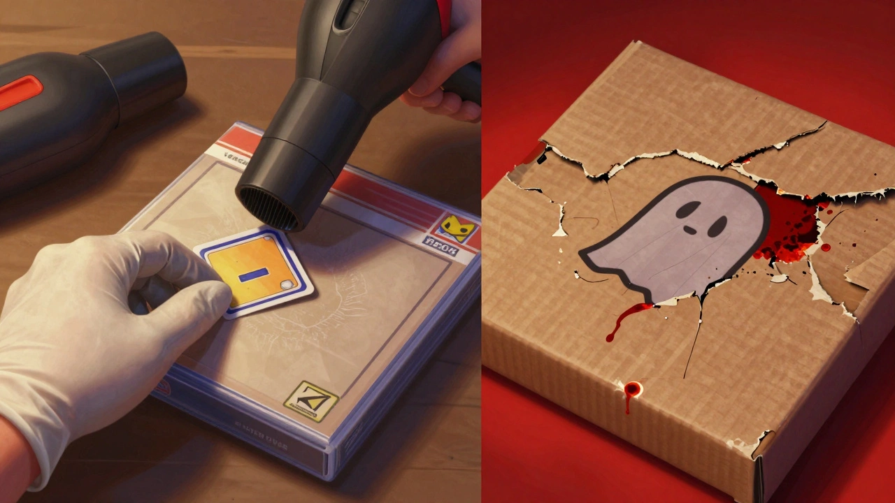 Comparison of careful sticker removal versus damaged game box surface