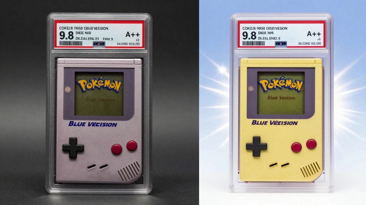 Comparison of common vs rare graded Pokemon Blue Version game boxes
