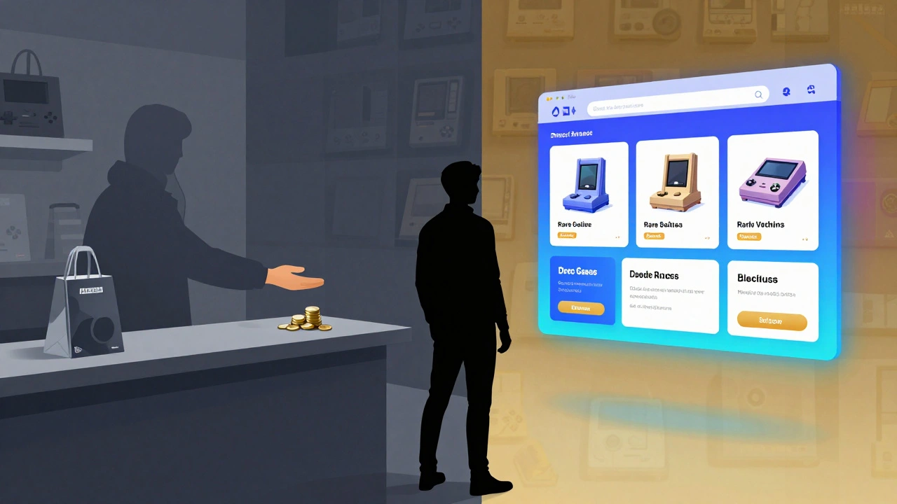Comparison scene showing low retail trade-in value versus high online market prices.
