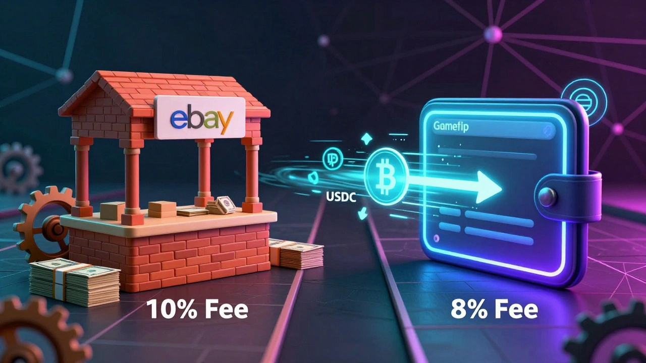 Conceptual art comparing slow auction fees vs fast crypto payouts