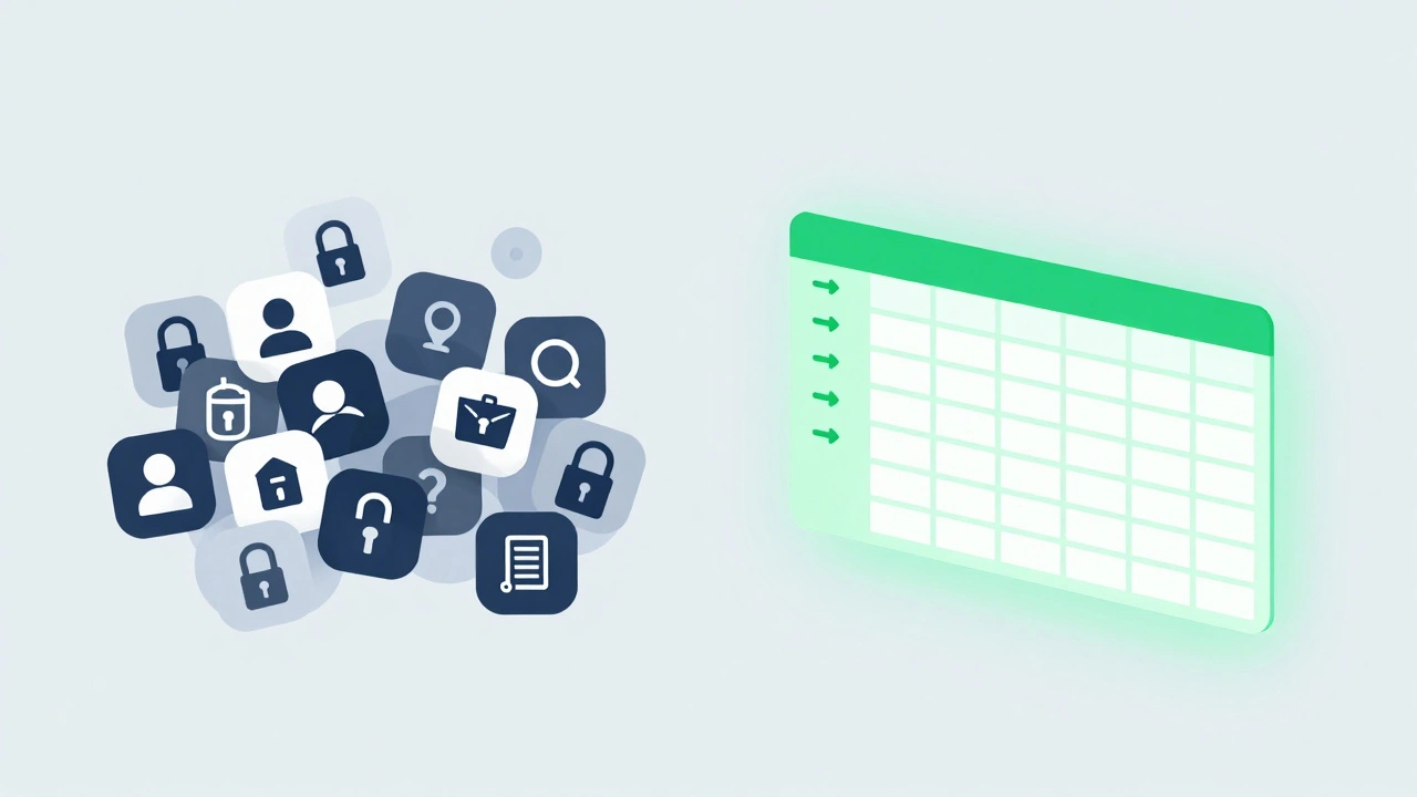 Conceptual art contrasting locked apps with an open, glowing spreadsheet grid