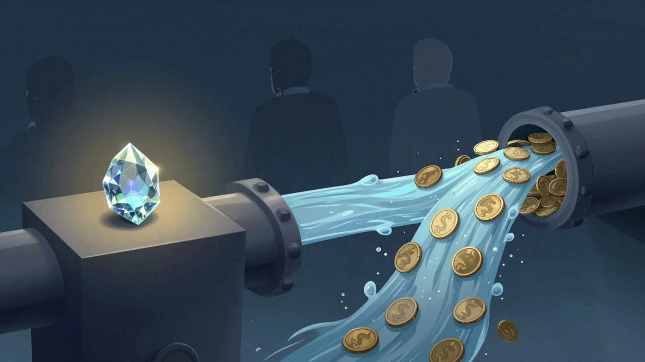 Conceptual art showing a lone rare gem separated from a flowing stream of common coins.