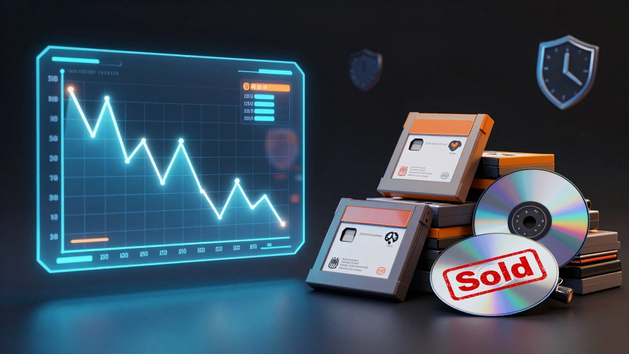 Digital art of game flipping charts, inventory, and risk management icons