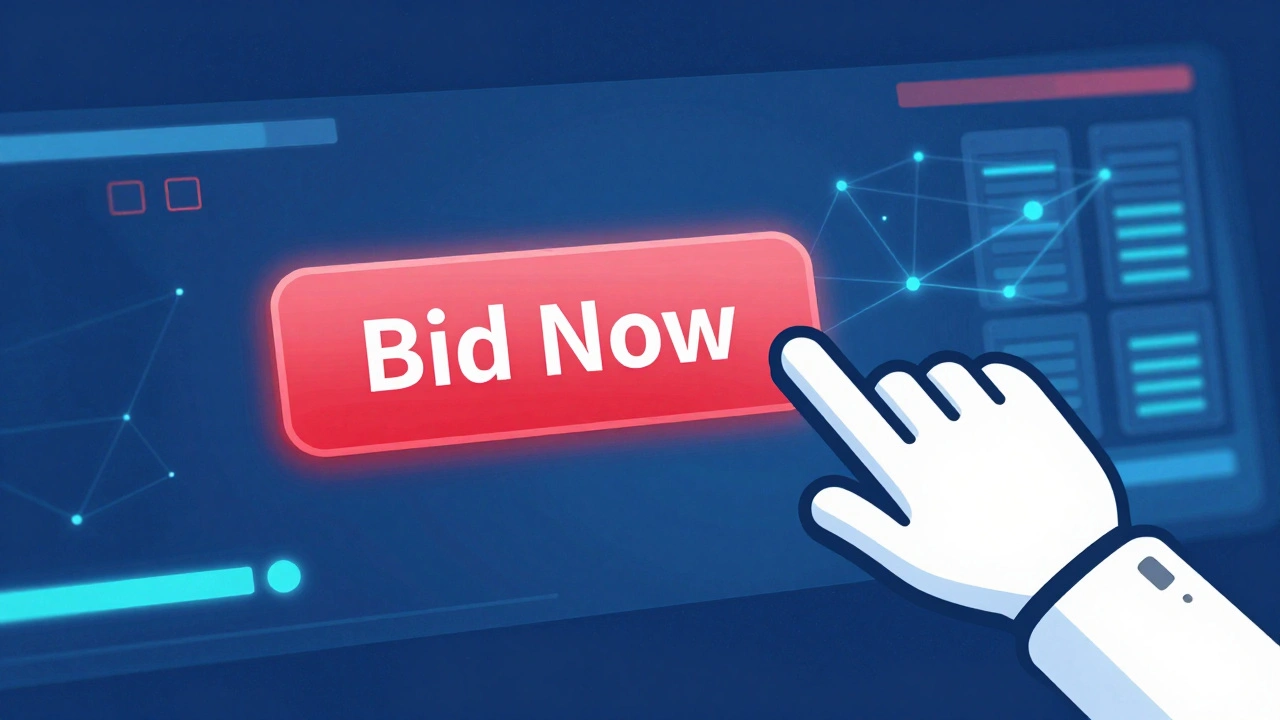 Digital illustration of a cursor about to click a bid button at the last second