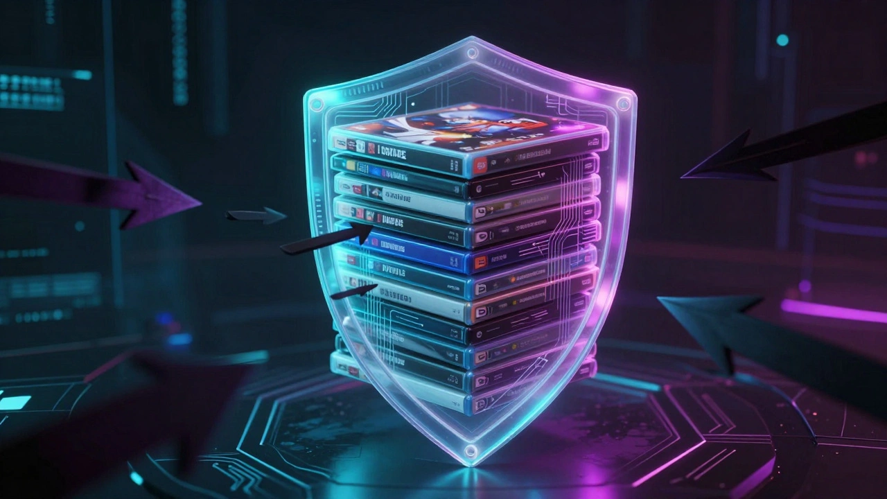 Digital security shield protecting video games from dark arrows in futuristic style