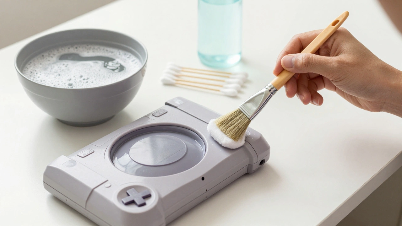 Disassembled retro console shell being cleaned with soap, water, and cotton swabs.