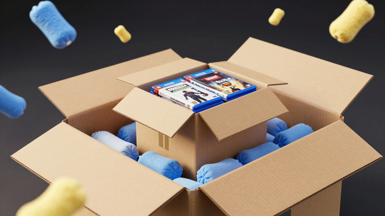 Double boxed package with cushioning protecting inner contents
