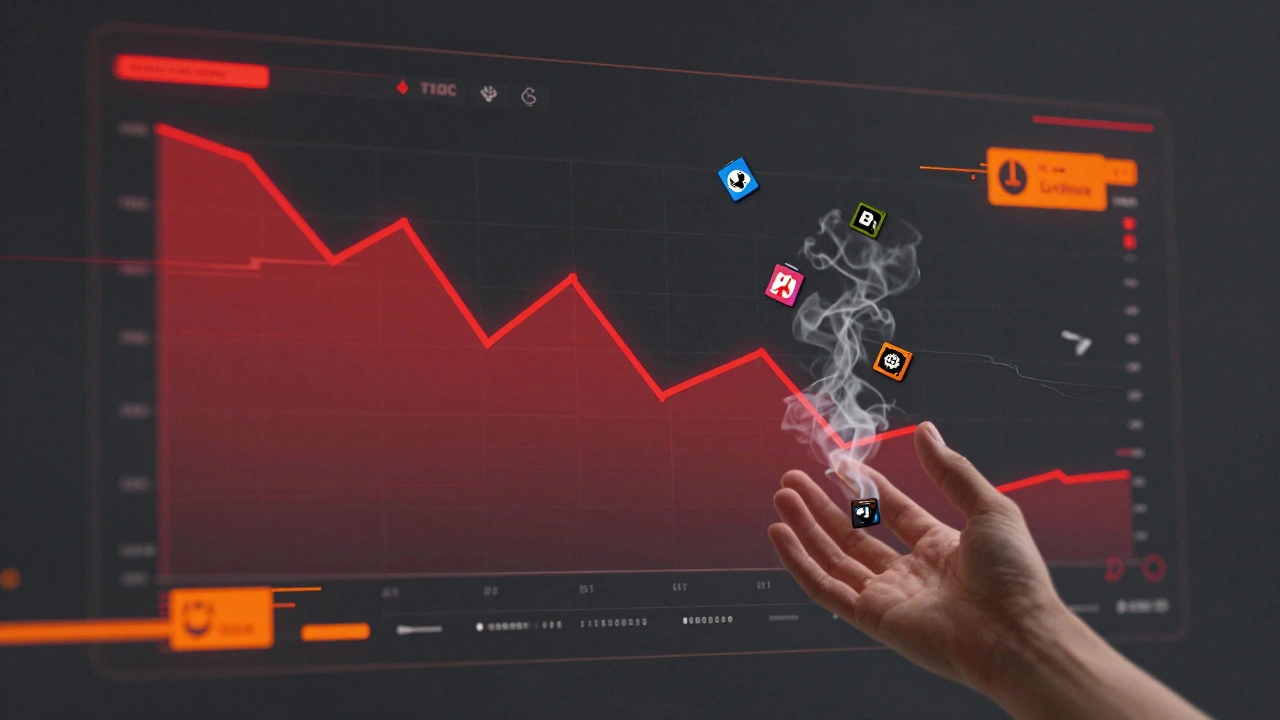 Futuristic trading interface showing crashing values and fading digital assets.