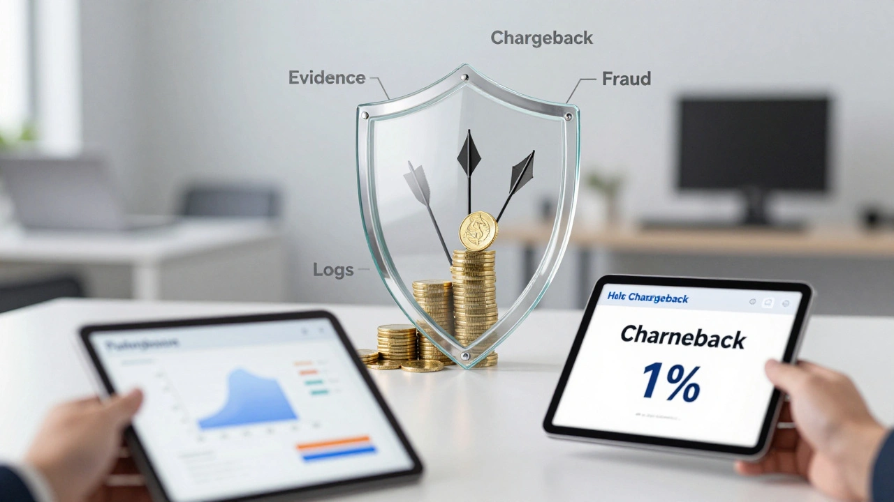 Glass shield protecting coins from chargeback arrows, symbolizing risk management.