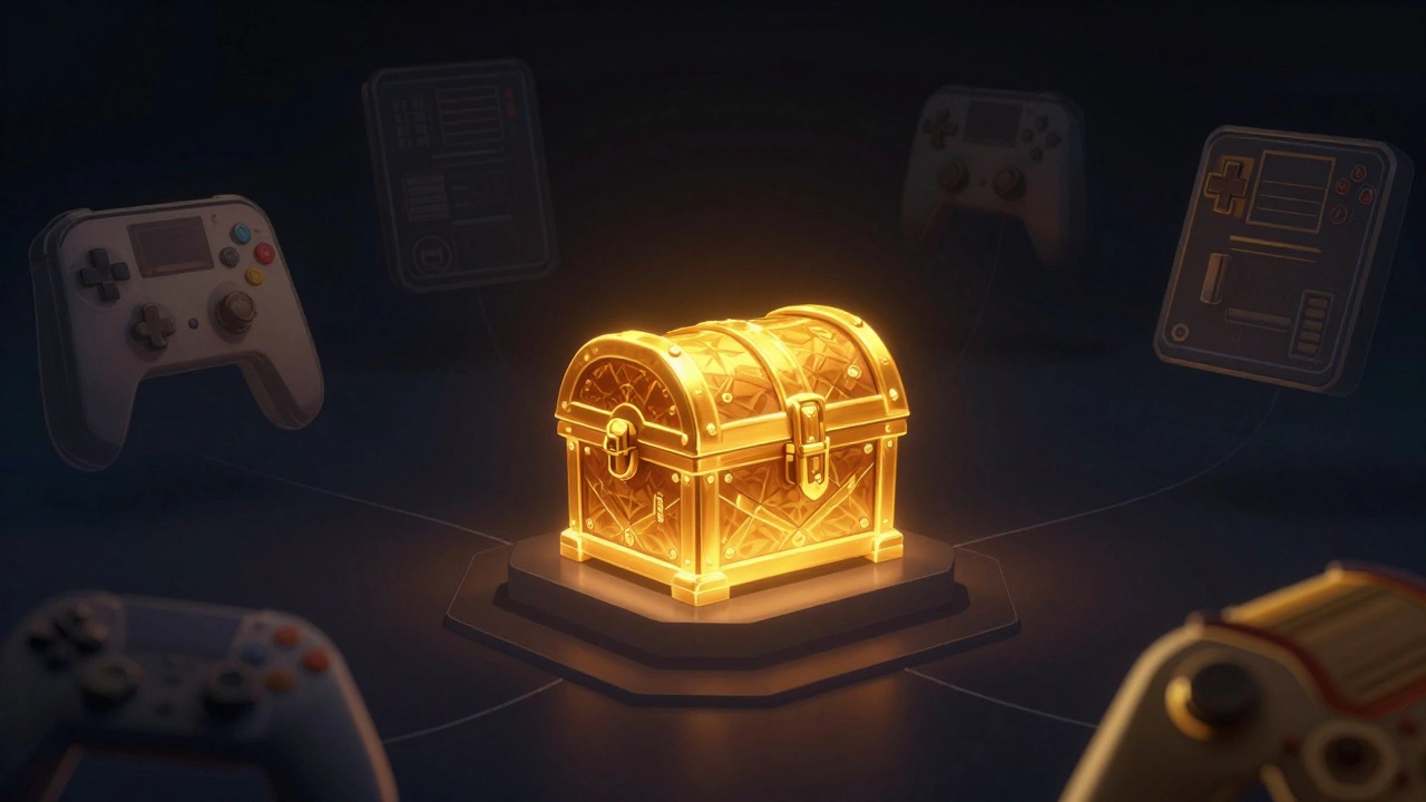 Golden treasure chest on pedestal symbolizing exclusive Nintendo games in a dark, abstract space.