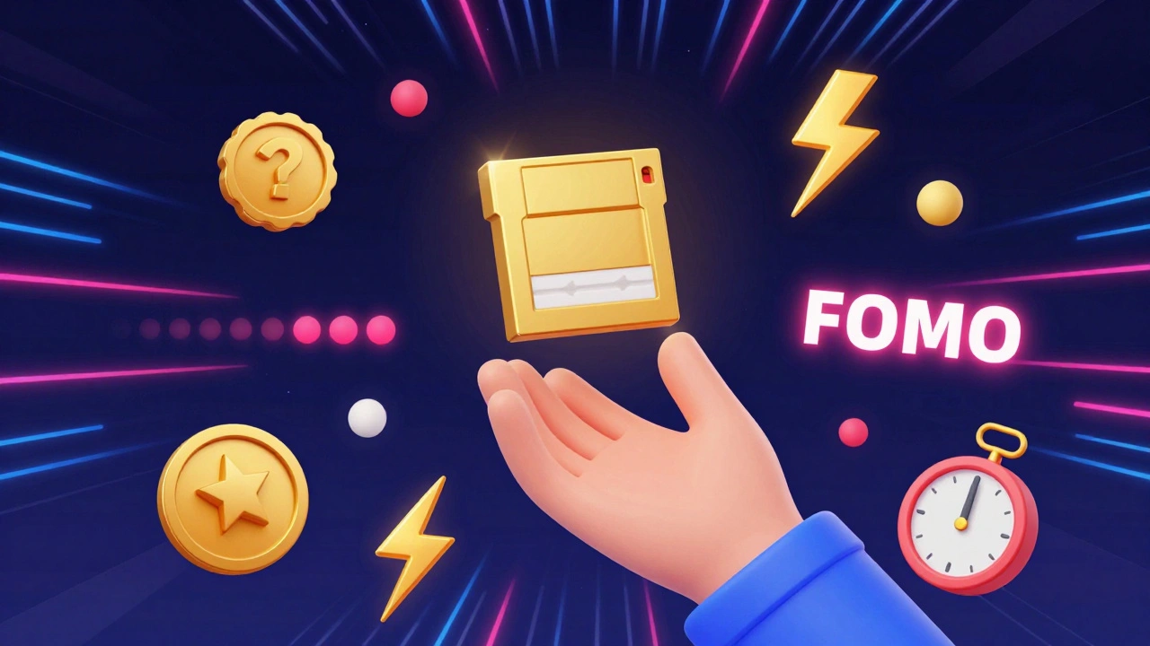 Hand grabbing a glowing game cartridge surrounded by gamification icons and timers.