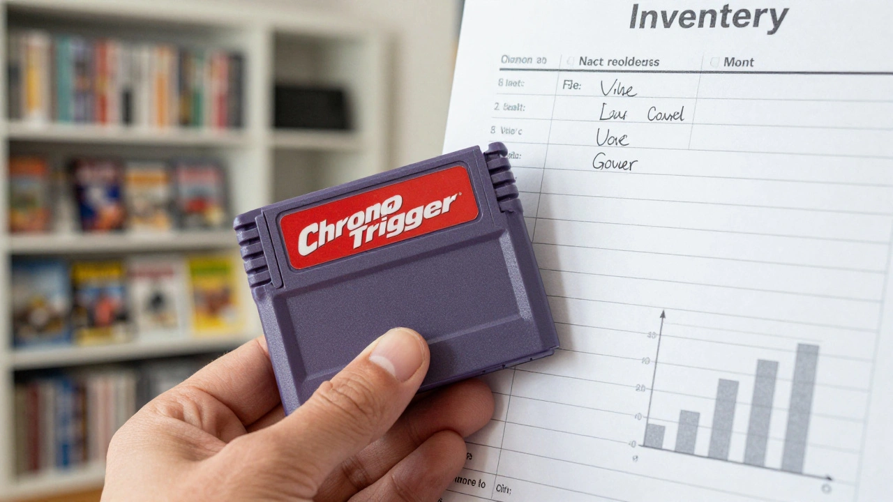 Hand holding a vintage game cartridge next to a printed inventory value chart
