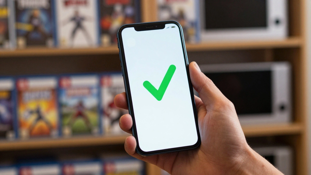 Hand holding phone with price drop alert against blurred game collection
