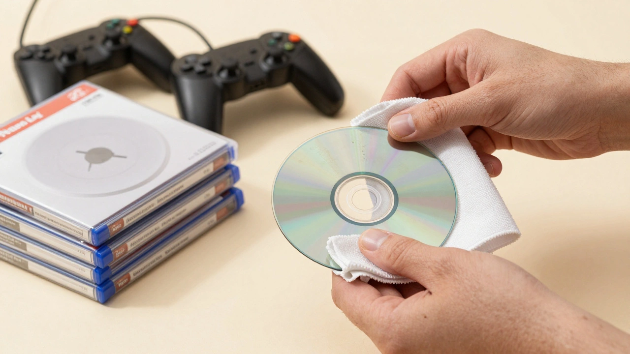 Hands cleaning a video game disc with a cloth, surrounded by neat accessories and cases.