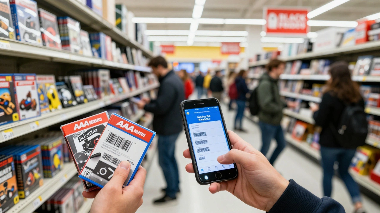 Hands grabbing bundled video games during a busy Black Friday sale