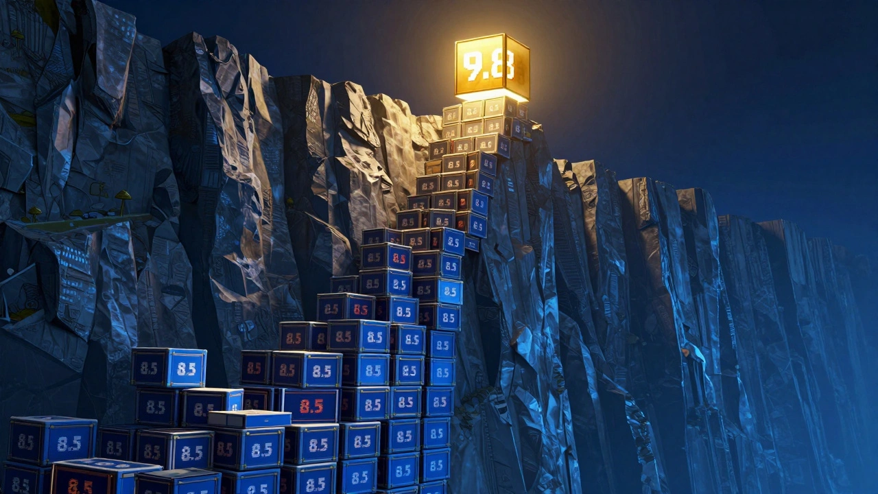 Illustration of a cliff showing exponential price jumps from 8.5 to 9.8 grades