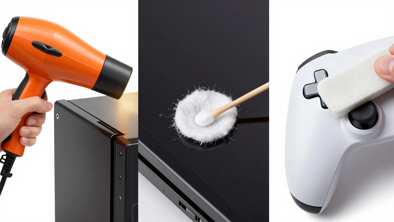 Illustration of hair dryer, alcohol swab, and eraser used to safely remove sticker residue.