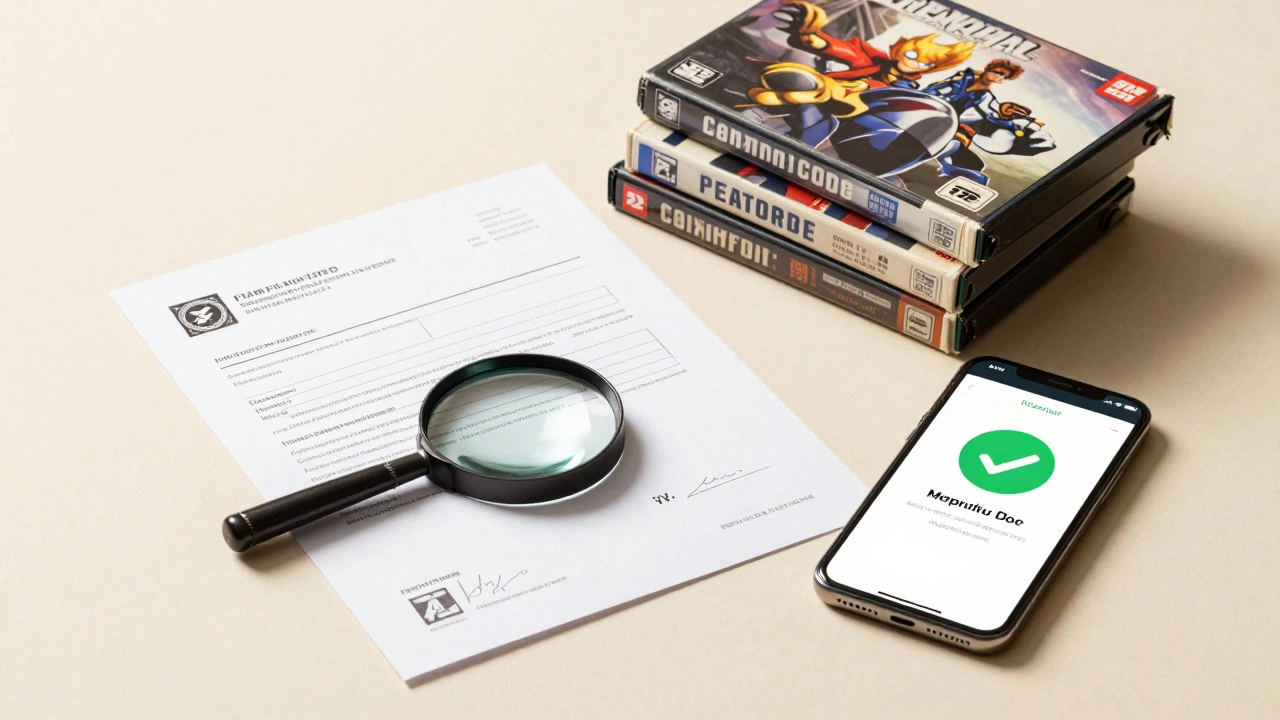 Invoices and sealed video games under magnifying glass for authenticity