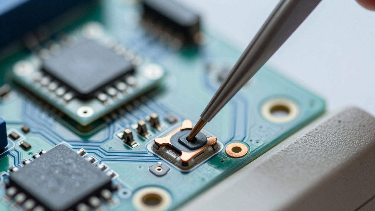 Macro view of desoldering braid removing old solder from a delicate video game circuit board pad.
