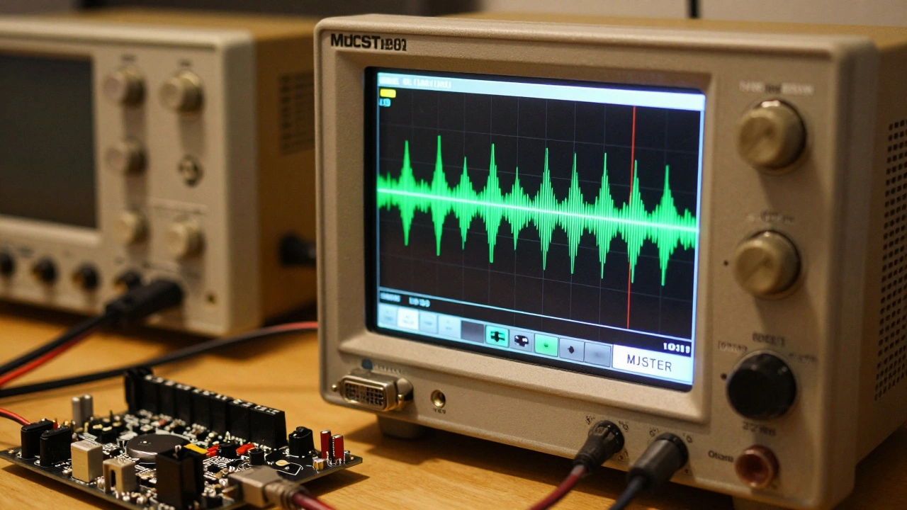MiSTer board connected to oscilloscope displaying sync signals