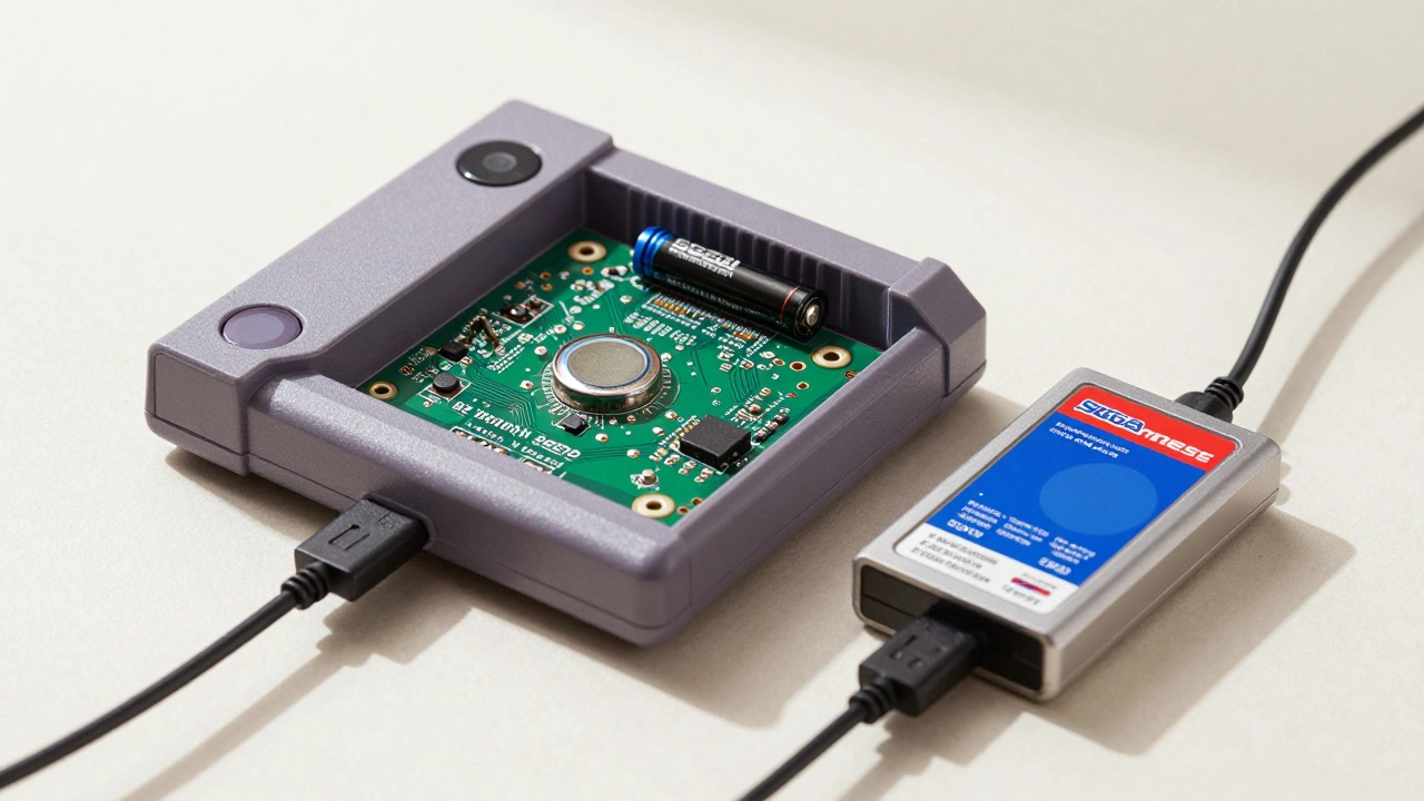Newly installed CR2032 battery on a game cartridge PCB next to a data backup device.