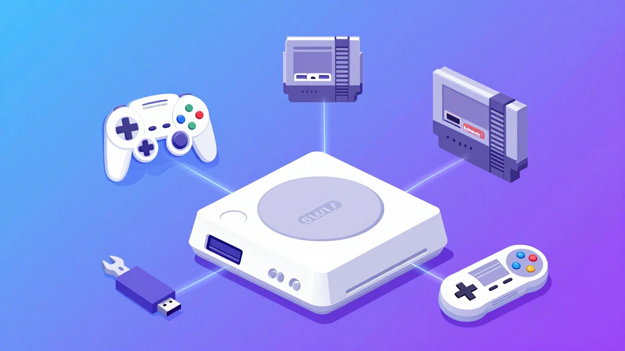 Nintendo Wii console illustrated as a hub for multiple retro gaming systems