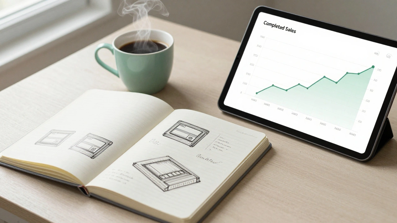 Organized desk with notebook and tablet showing market research for game collecting