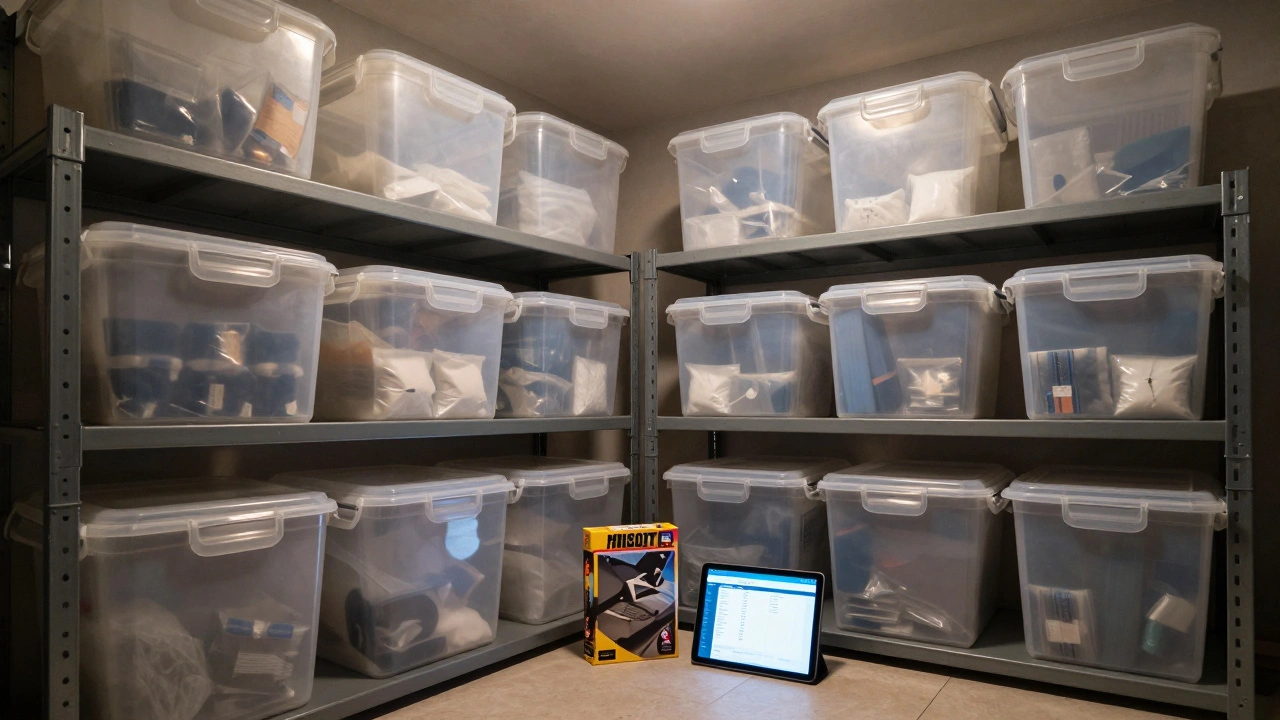 Organized storage closet with plastic totes and silica gel for preserving collectibles.