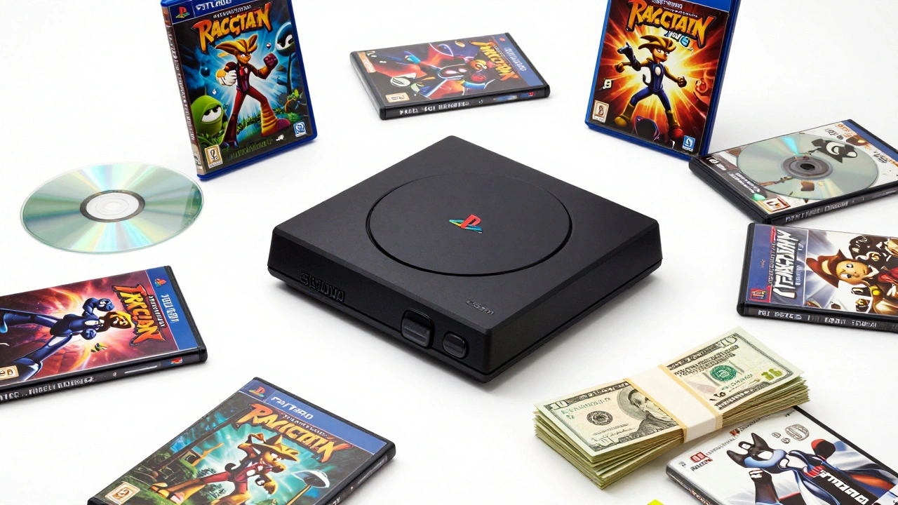 PlayStation 2 Slim console surrounded by cheap game discs and cash