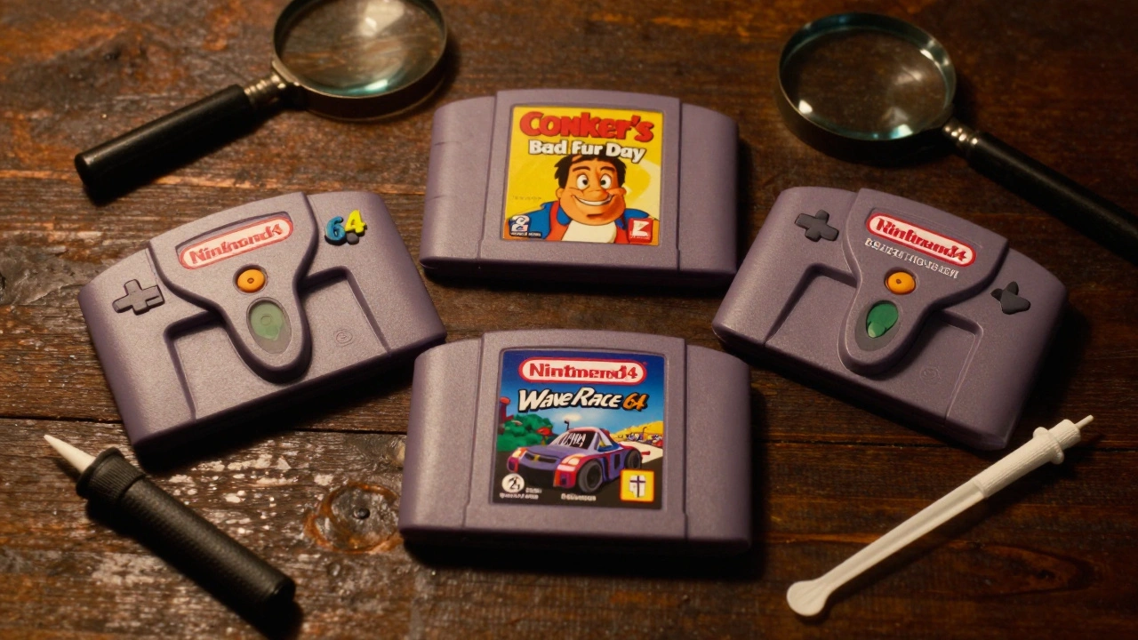 Rare N64 cartridges like EarthBound 64 displayed as hidden gems for collectors.