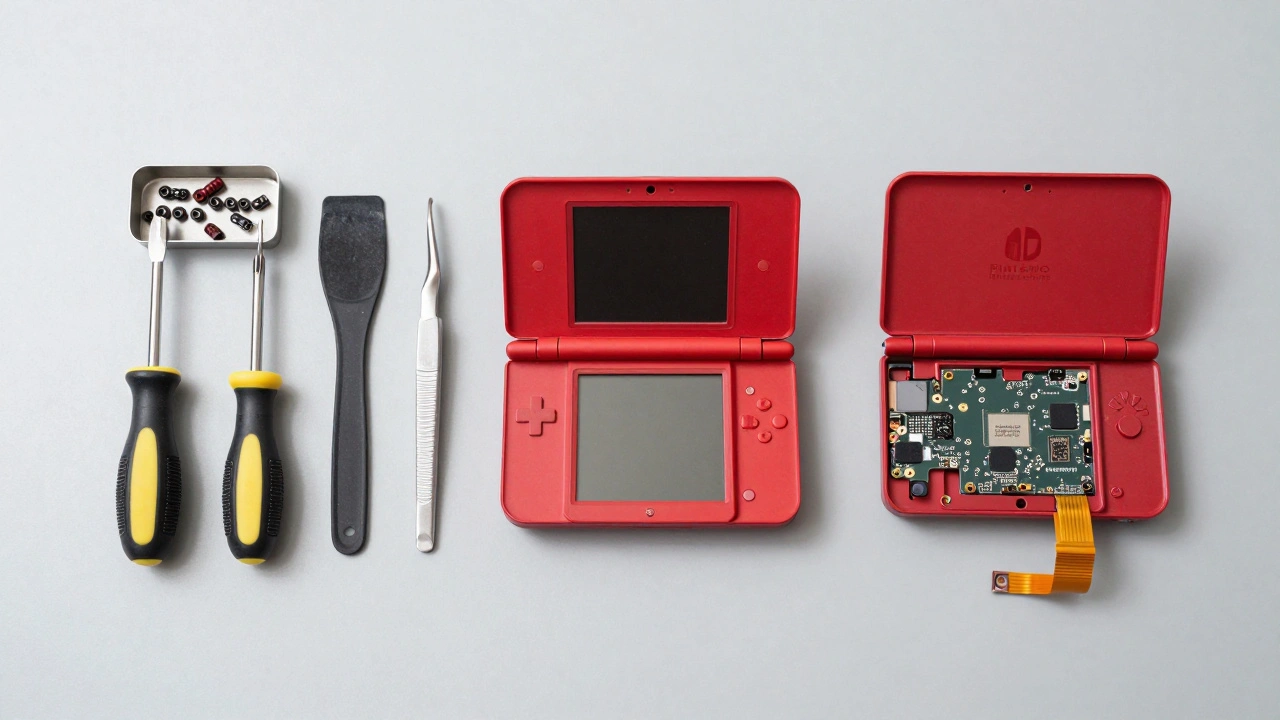 Repair tools and new shell parts laid out on a workbench for DS repair.