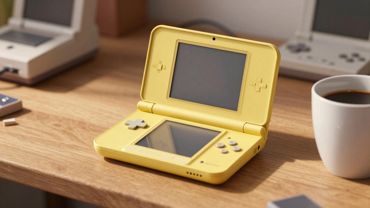 Restored Nintendo DS Lite console looking new on a desk in sunlight.