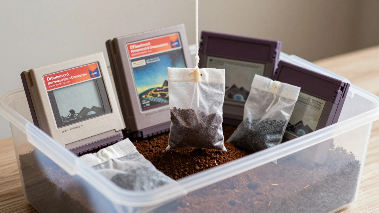Sealed storage bin containing games, coffee grounds, and charcoal for odor removal.