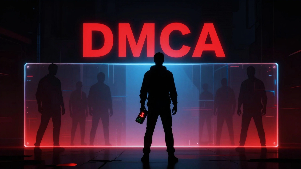 Silhouette facing a glowing legal barrier with a modified console emitting red warnings.