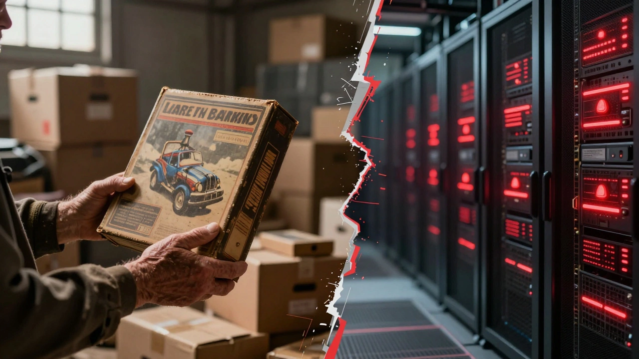 Split image contrasting a nostalgic garage sale with a risky high-tech server room.
