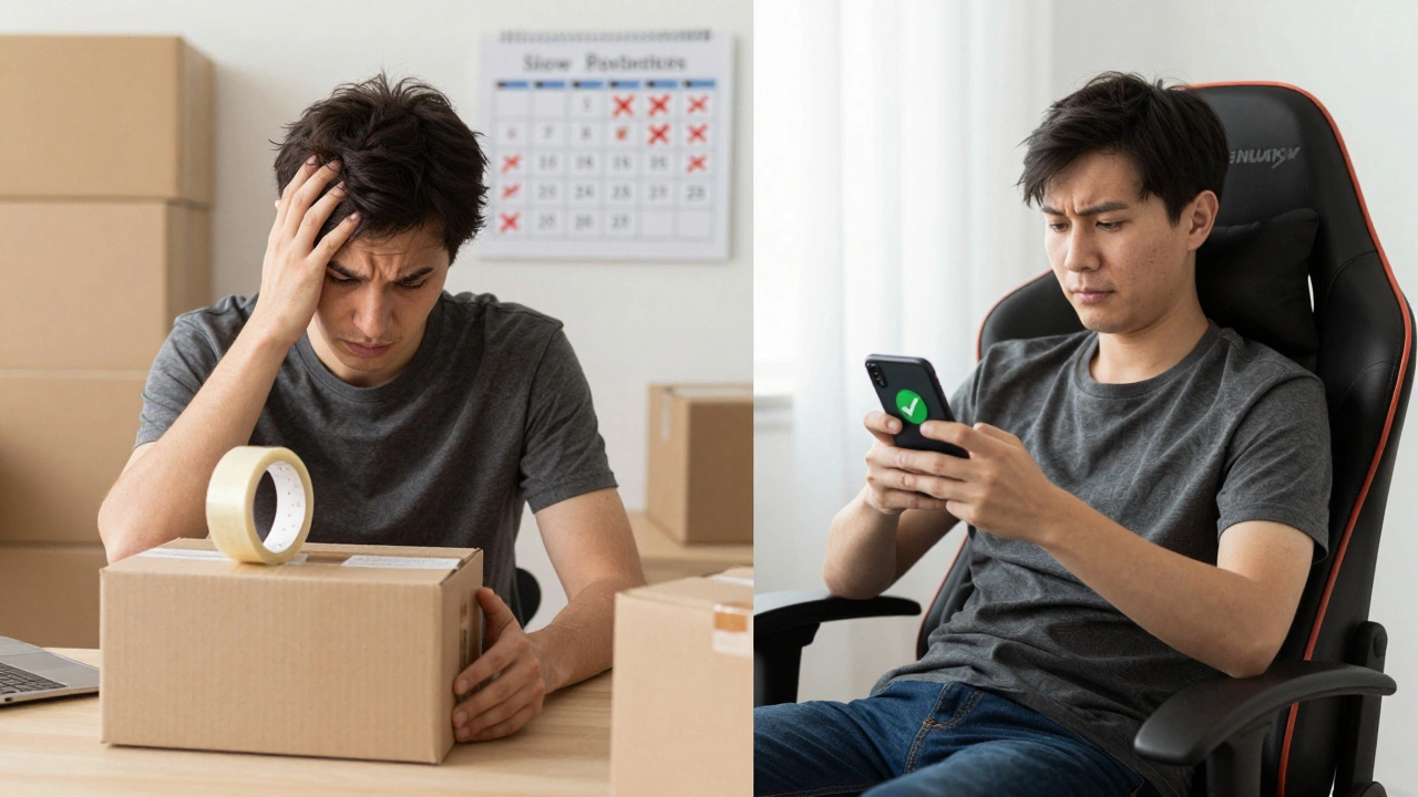 Split view of stressed packer vs relaxed gamer with phone