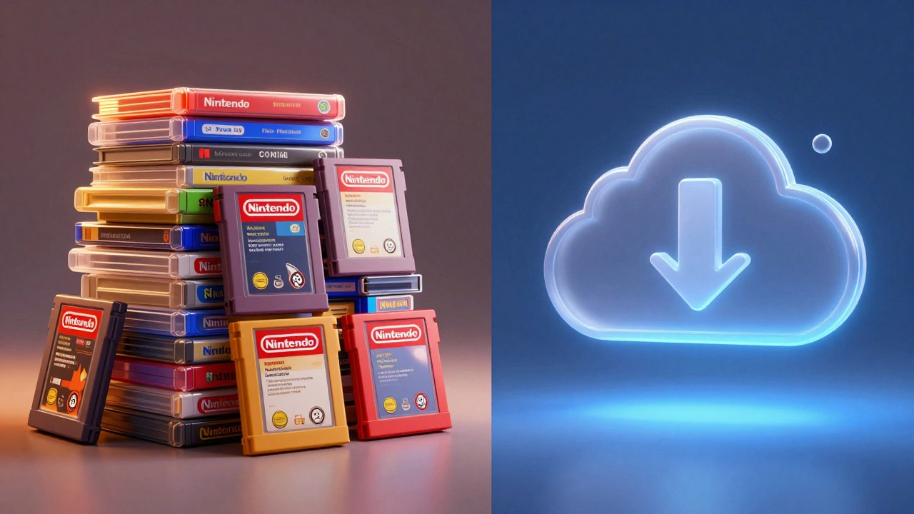 Split view showing tangible game cartridges on left versus digital download cloud icon on right.