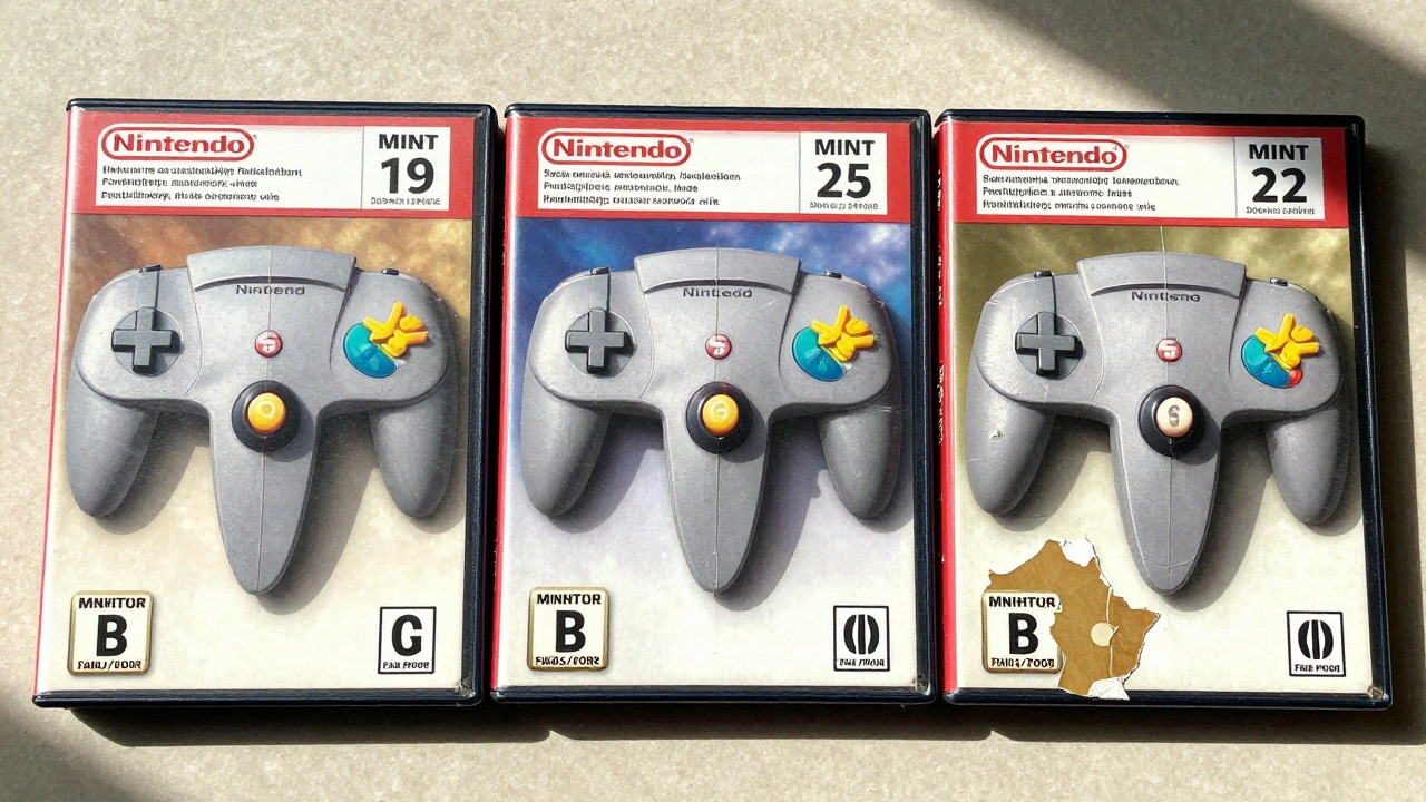 Three N64 game boxes displaying varying conditions from mint to damaged for value comparison.