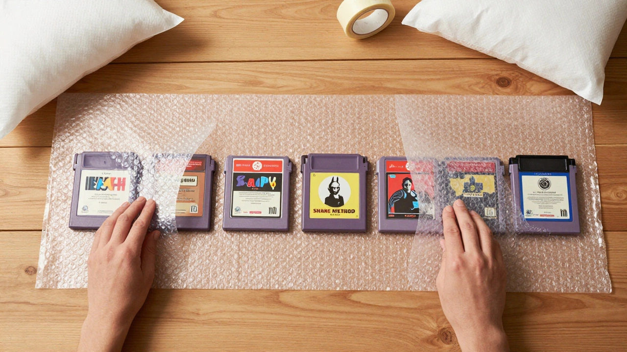 Top-down view of video games being wrapped using snake method