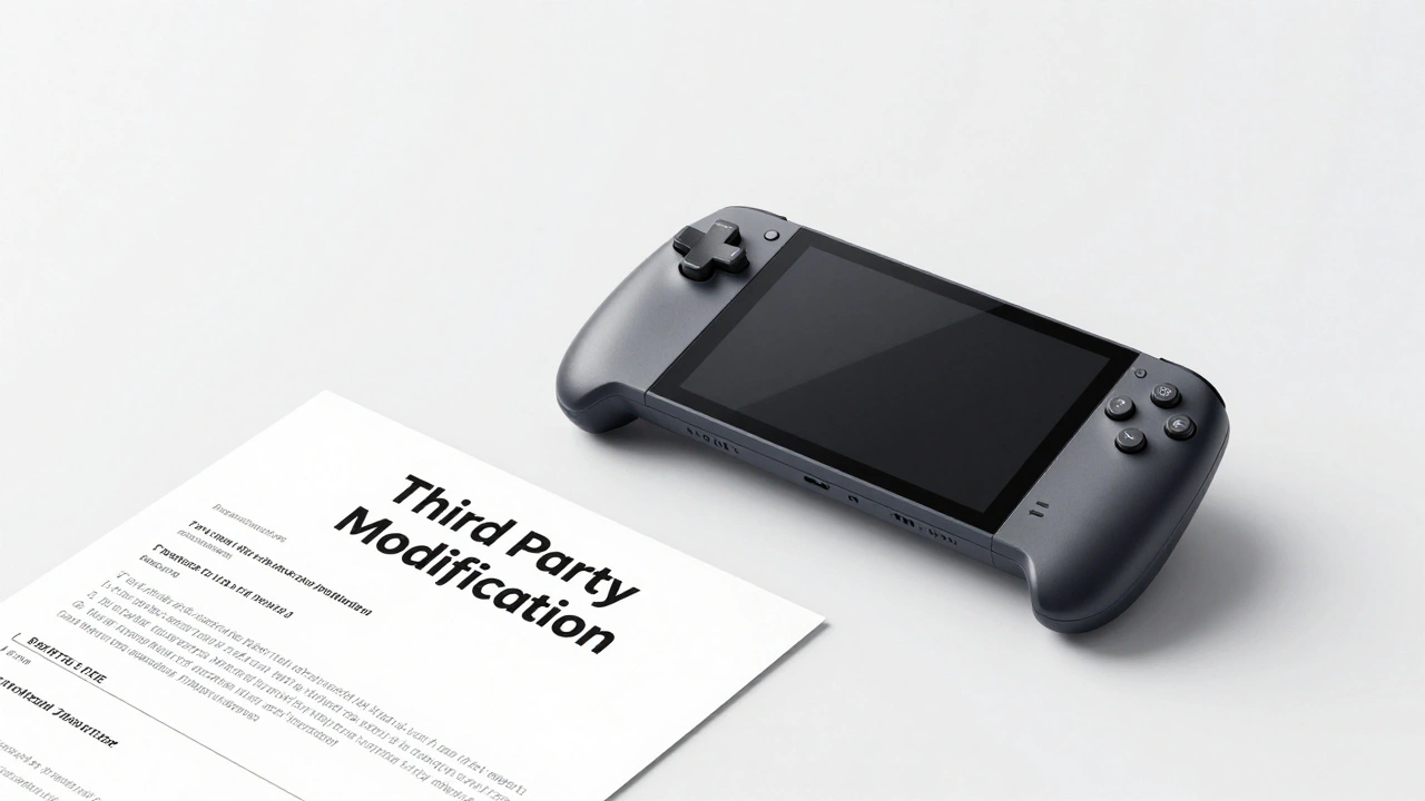Unbranded gaming device next to a third-party label and compliance documents on white surface.
